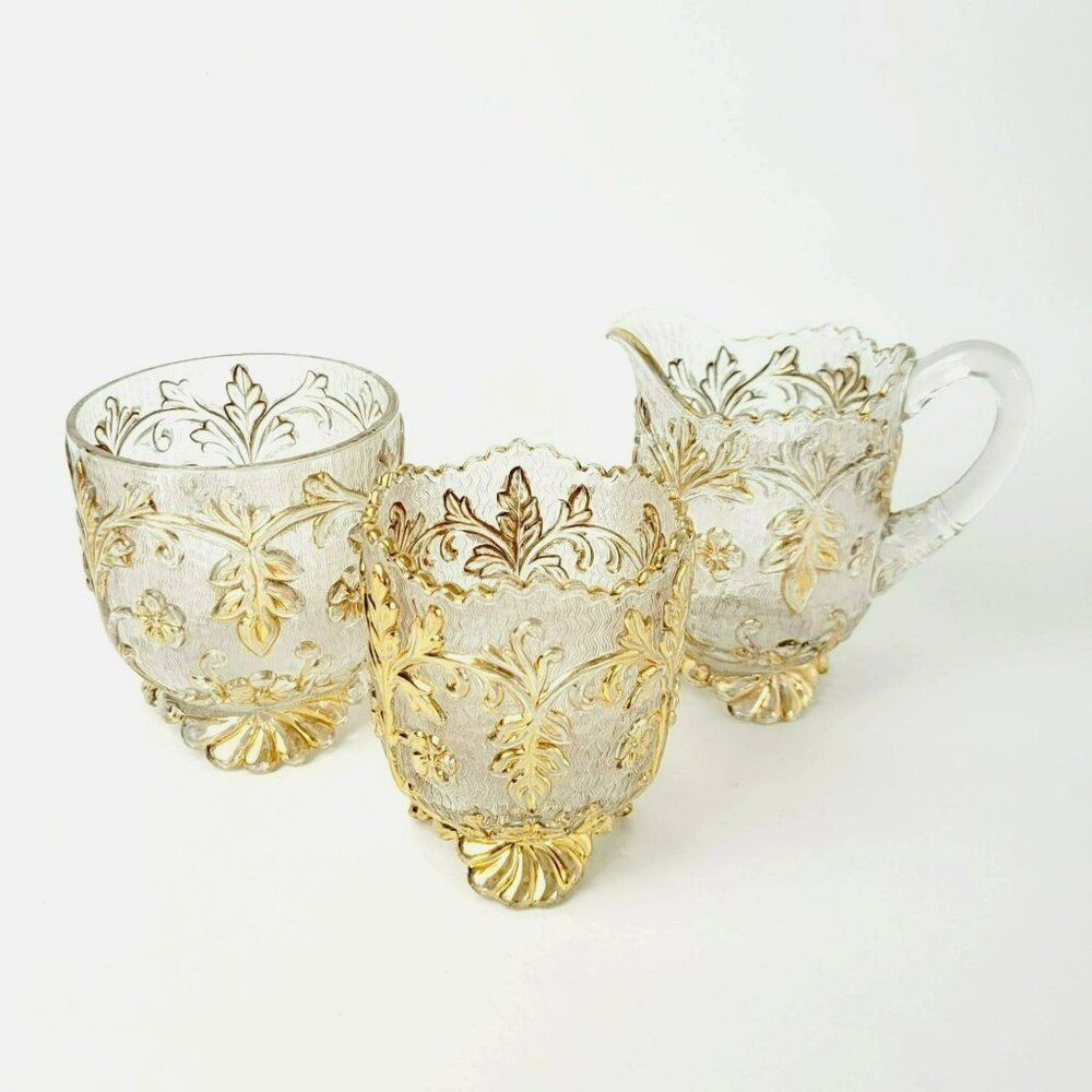 Antique EAPG Beaumont Glass No. 99 Flora Spooner, Creamer, Sugar Bowl Gold Clear